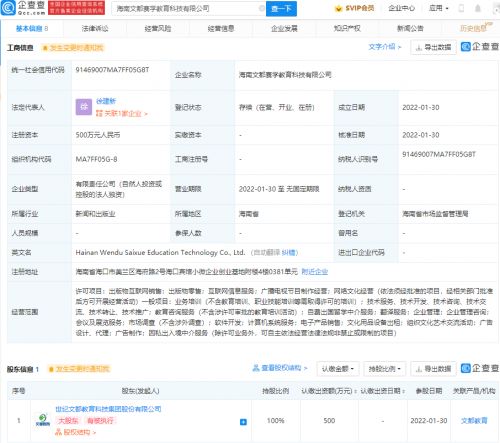 文都教育于海南成立新公司 经营范围含网络文化经营